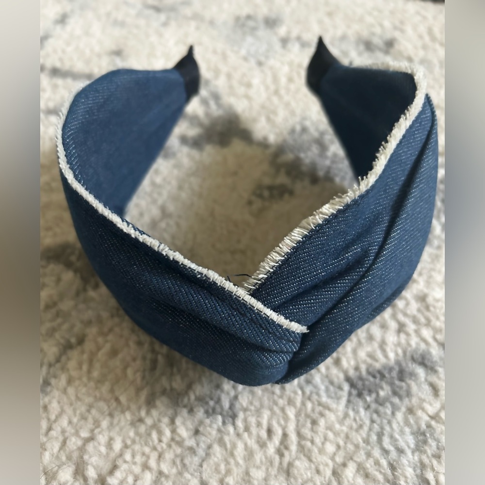 Denim Top-Twist Headband; frayed edges & finished with black ribbon.